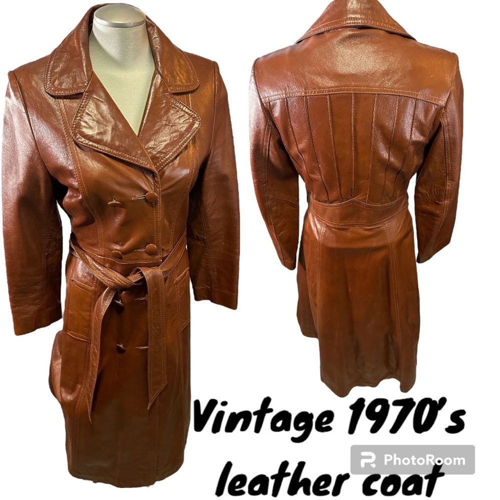 Vintage double breasted, long Mr & Mrs Leather 1970’s cognac leather coat